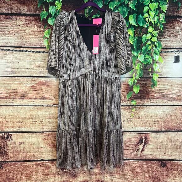 Lilly Pulitzer Racheli Dress 16 Midi Tiered Metallic Gold Berry Striped Ruffle - Picture 2 of 7